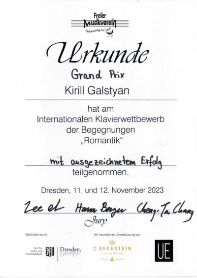 Urkunde International Wettbewerb der Begegnungen "Romantik" - Novermber 2023 - Kirill Galstyan - Grand Prix