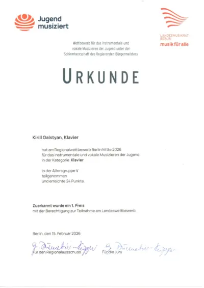 Urkunde JuMu 2026, Kirill Galstyan, 24 Punkte mit Weiterleitung
